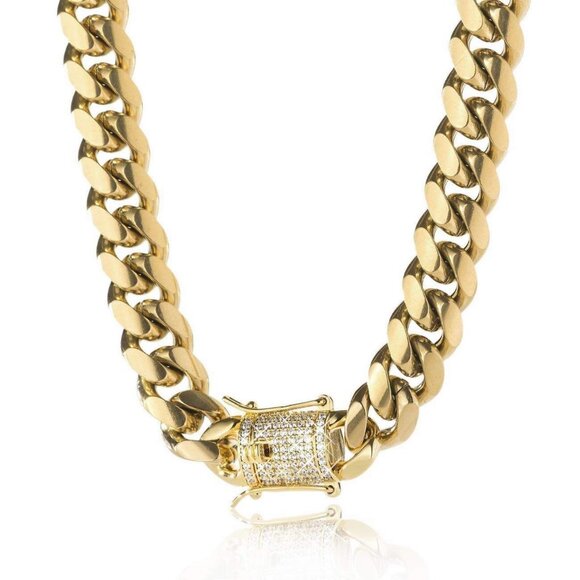 14K Gold Plated Cuban Link Chain Necklace Bracelet Iced Out Clasp